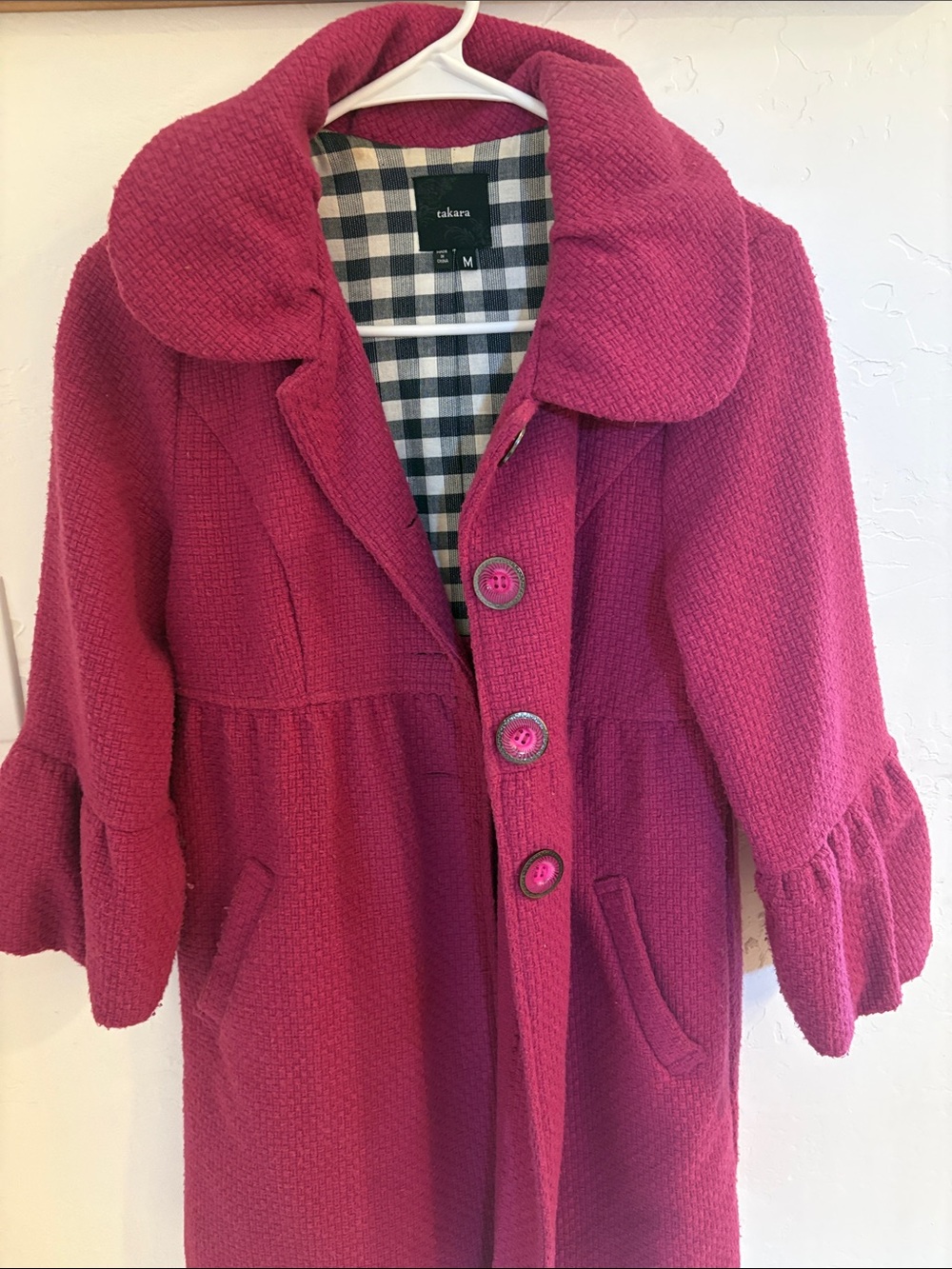 Takara Raspberry Textured Pea Coat with Ruffled Sleeves - Picture 2 of 5